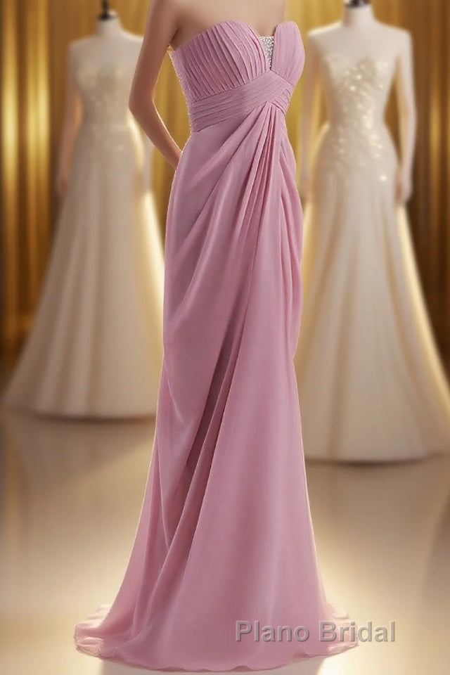 Strapless Blush Pink Draped High Waist Long Bridesmaid Dresses Main image