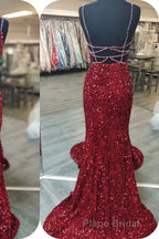 Mermaid Red Sequin V-Neck Lace-Up Back Formal Prom Dresses