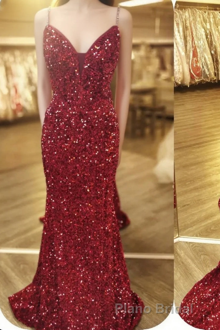 Mermaid Red Sequin V-Neck Lace-Up Back Formal Prom Dresses Main image