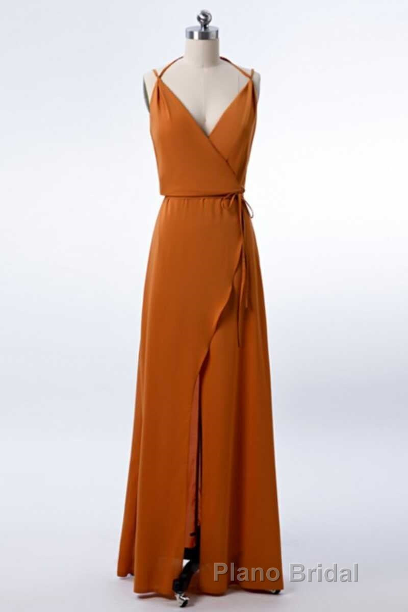 Burnt Orange Spaghetti Straps Long Bridesmaid Dresses with Slit