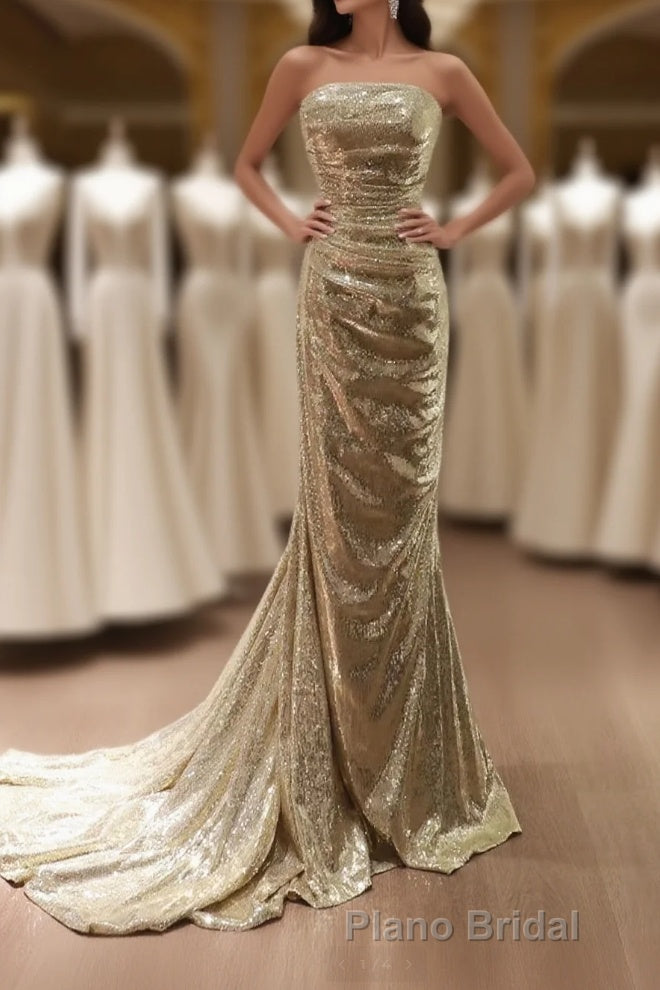 Gold Sequins Mermaid Scoop Long Evening Dresses, Gold Long Formal Prom Dresses Party Dresses Main image
