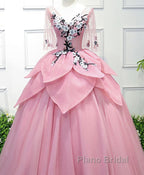 Pink V Neck Tulle Lace Applique Long Formal Prom Dress, Pink Evening Dress, 1