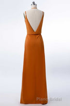 Burnt Orange Spaghetti Straps Long Bridesmaid Dresses with Slit