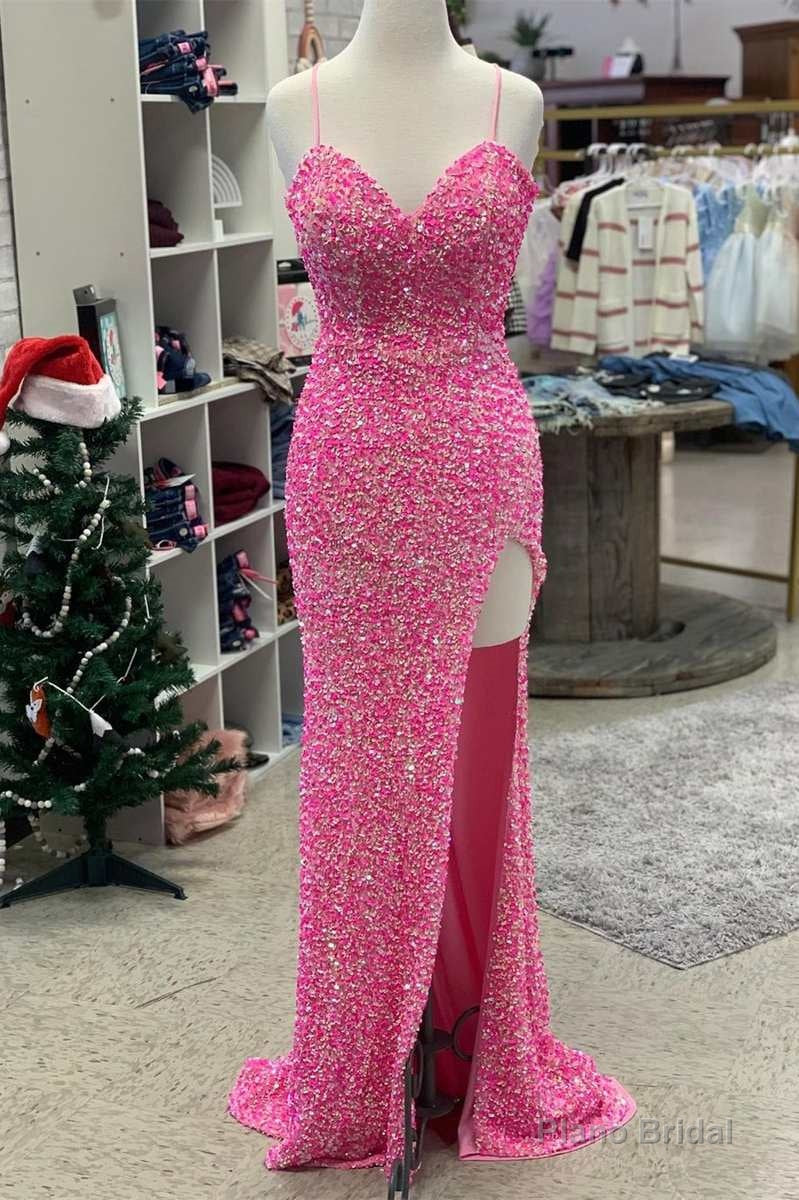 Hot Pink Sequin Sweetheart Long Prom Dress with Slit Main image
