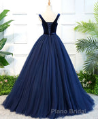 Dark Blue Tulle Long Formal Prom Dresses, Dark Blue Tulle Evening Dresses