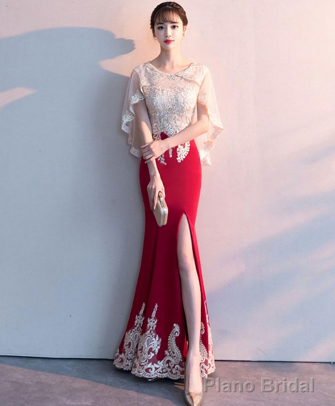 Burgundy Lace Mermaid Long Prom Dress Lace Formal Dress