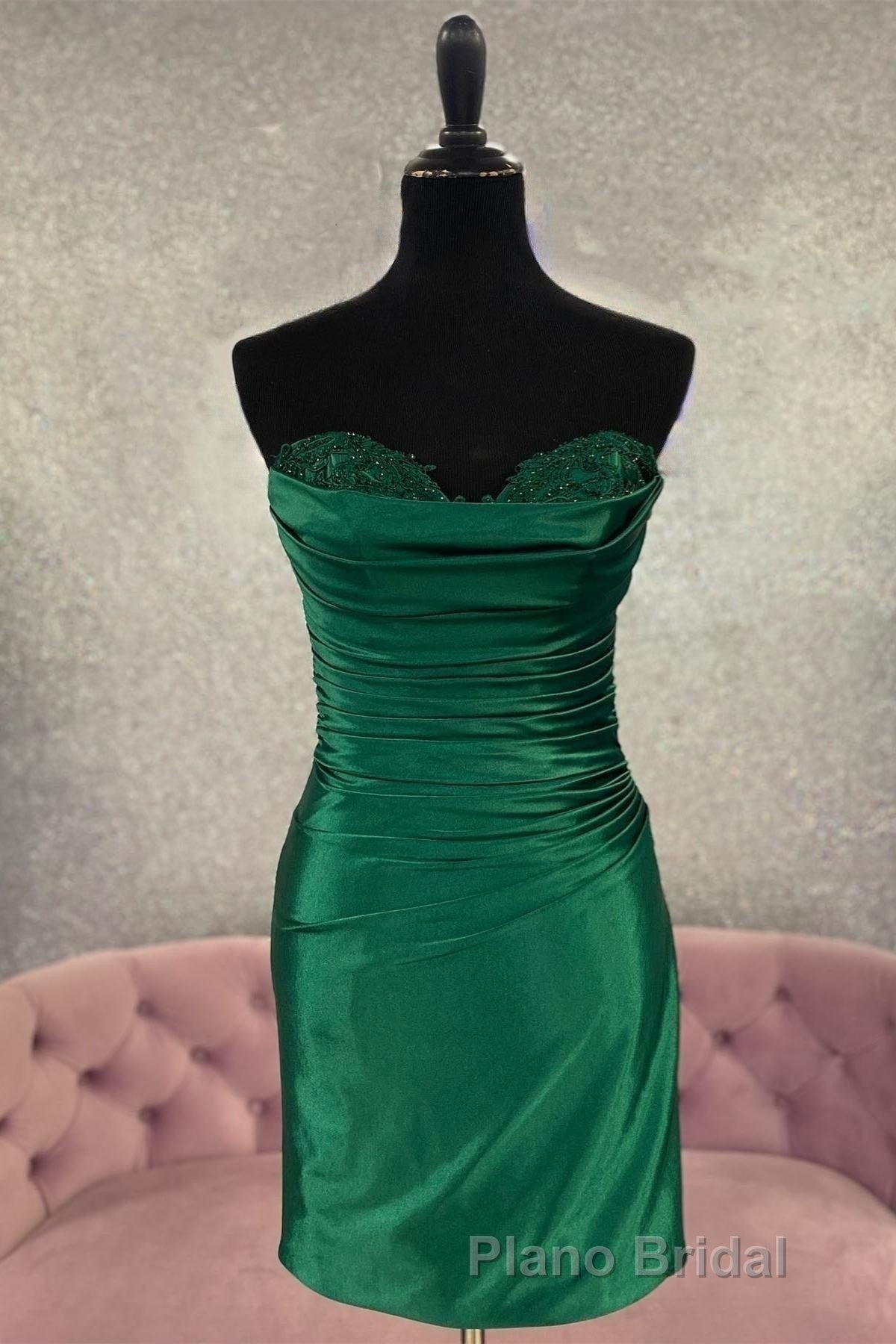 Hunter Green Strapless Beaded Pleated Sheath Homecoming Dresses