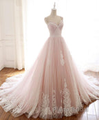 Pink Sweetheart Lace Tulle Long Formal Prom Dress, Lace Pink Evening Dress