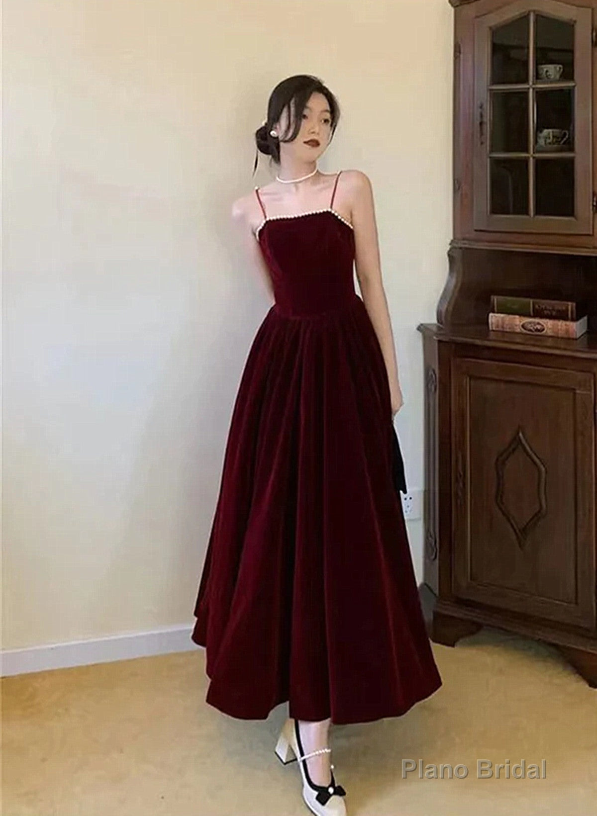 A-line Straps Wine Red Velvet Long Formal Dress, Wine Red Prom Dress Secondary image