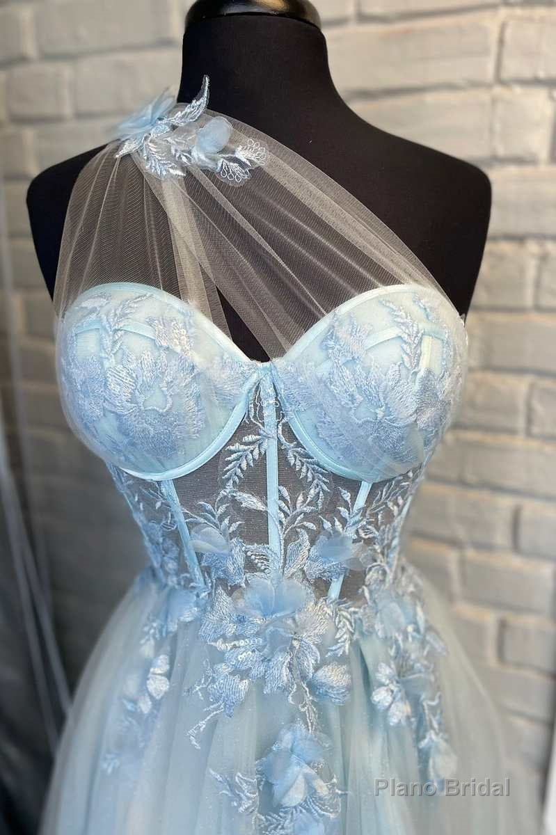 One-Shoulder Light Blue Tulle 3D Floral Lace A-Line Prom Dress Secondary image