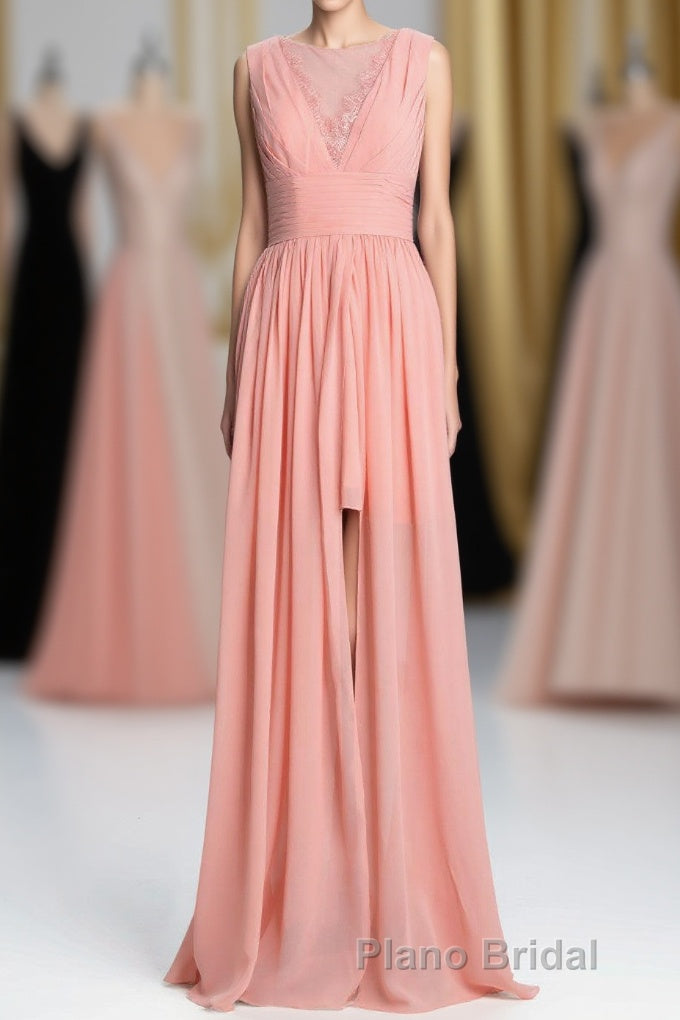 Coral A-line Chiffon Empire Long Bridesmaid Dresses Main image