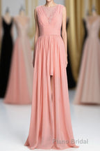 Coral A-line Chiffon Empire Long Bridesmaid Dresses