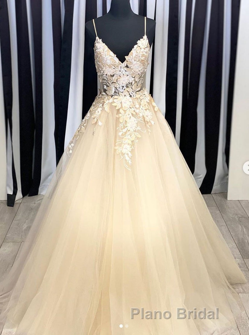 Champagne V Neck Tulle Lace Long Formal Prom Dresses Evening Dresses Secondary image