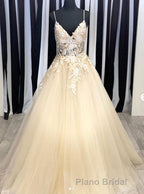 Champagne V Neck Tulle Lace Long Formal Prom Dresses Evening Dresses