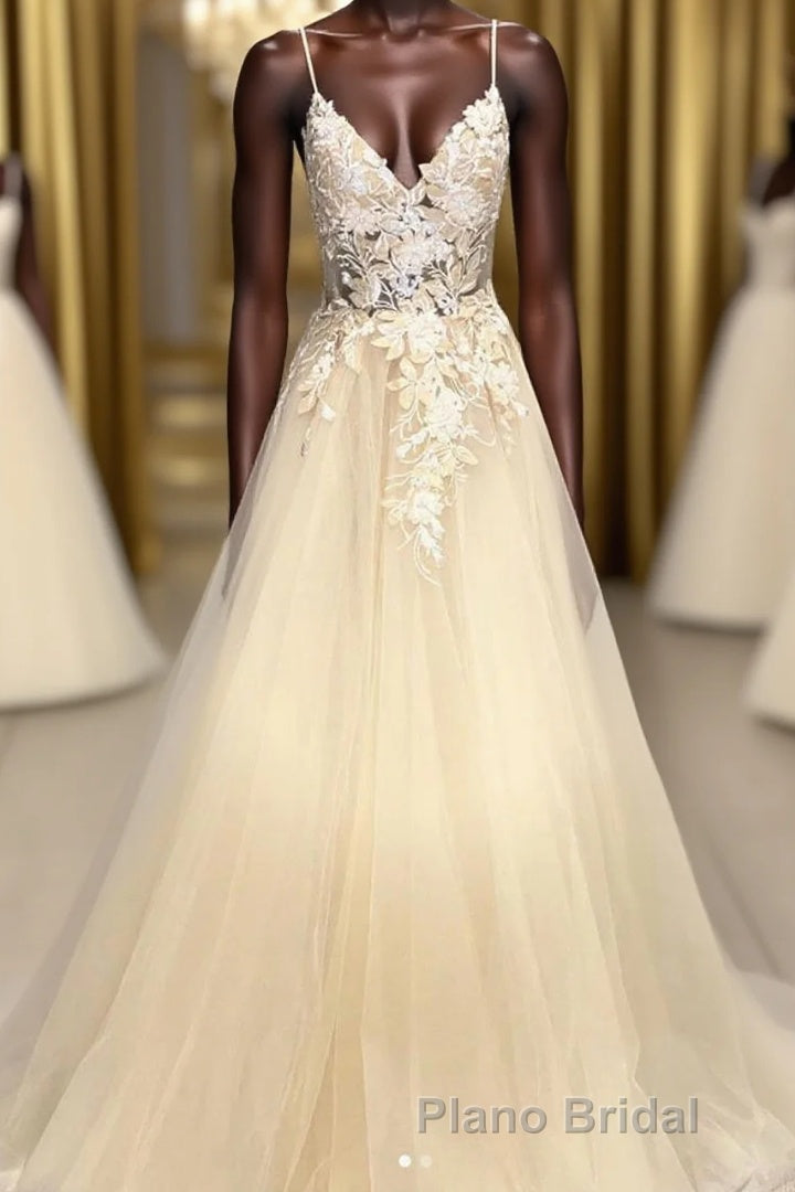 Champagne V Neck Tulle Lace Long Formal Prom Dresses Evening Dresses Main image