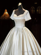 White Sweetheart Satin Long Bridal Dresses, White Wedding Dresses