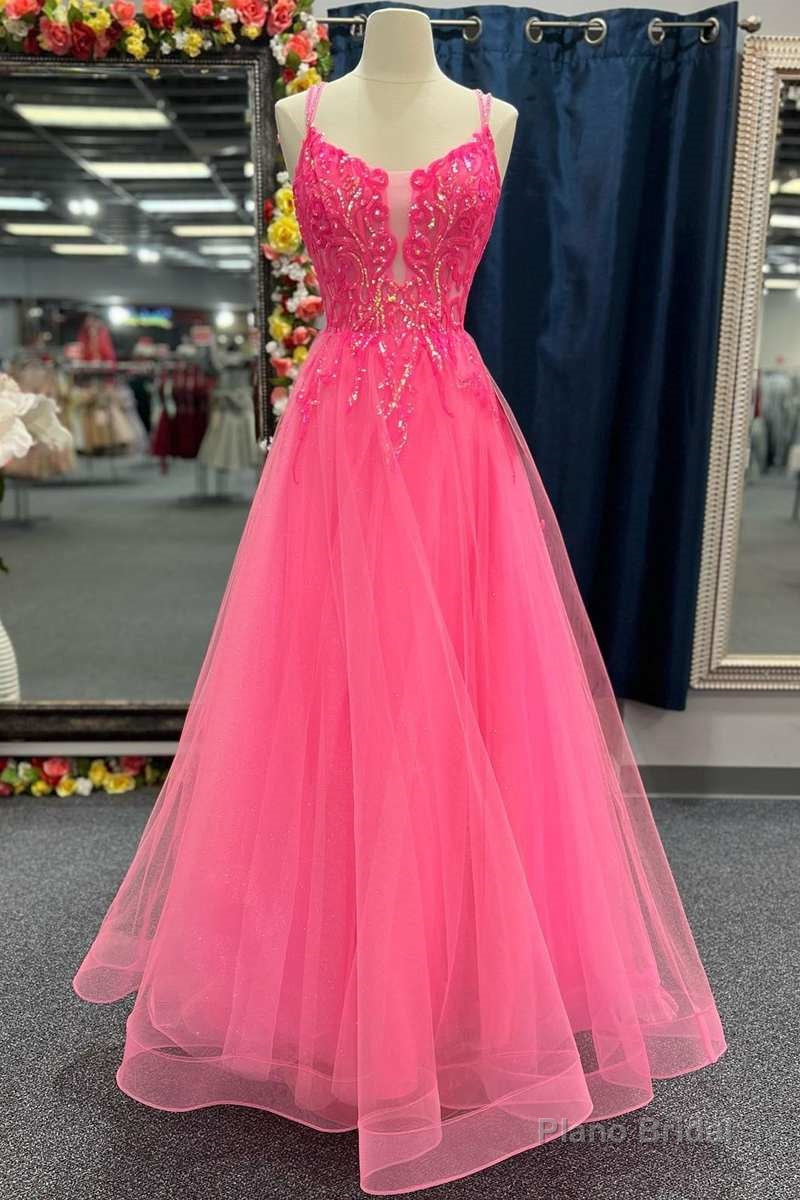 Hot Pink Tulle Appliques Lace-Up A-Line Long Prom Dress Main image