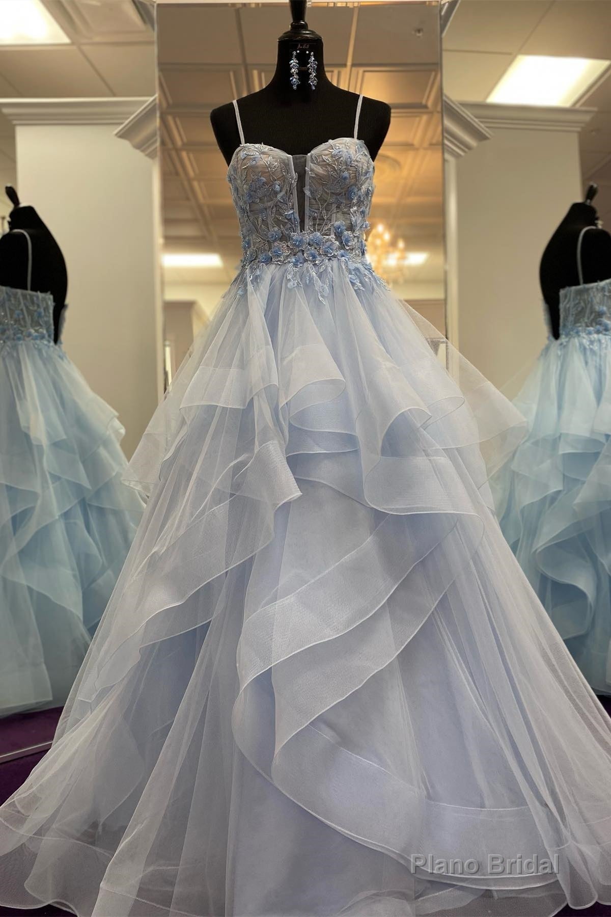 Light Blue Straps Layers Floral A-line Long Prom Dress Main image