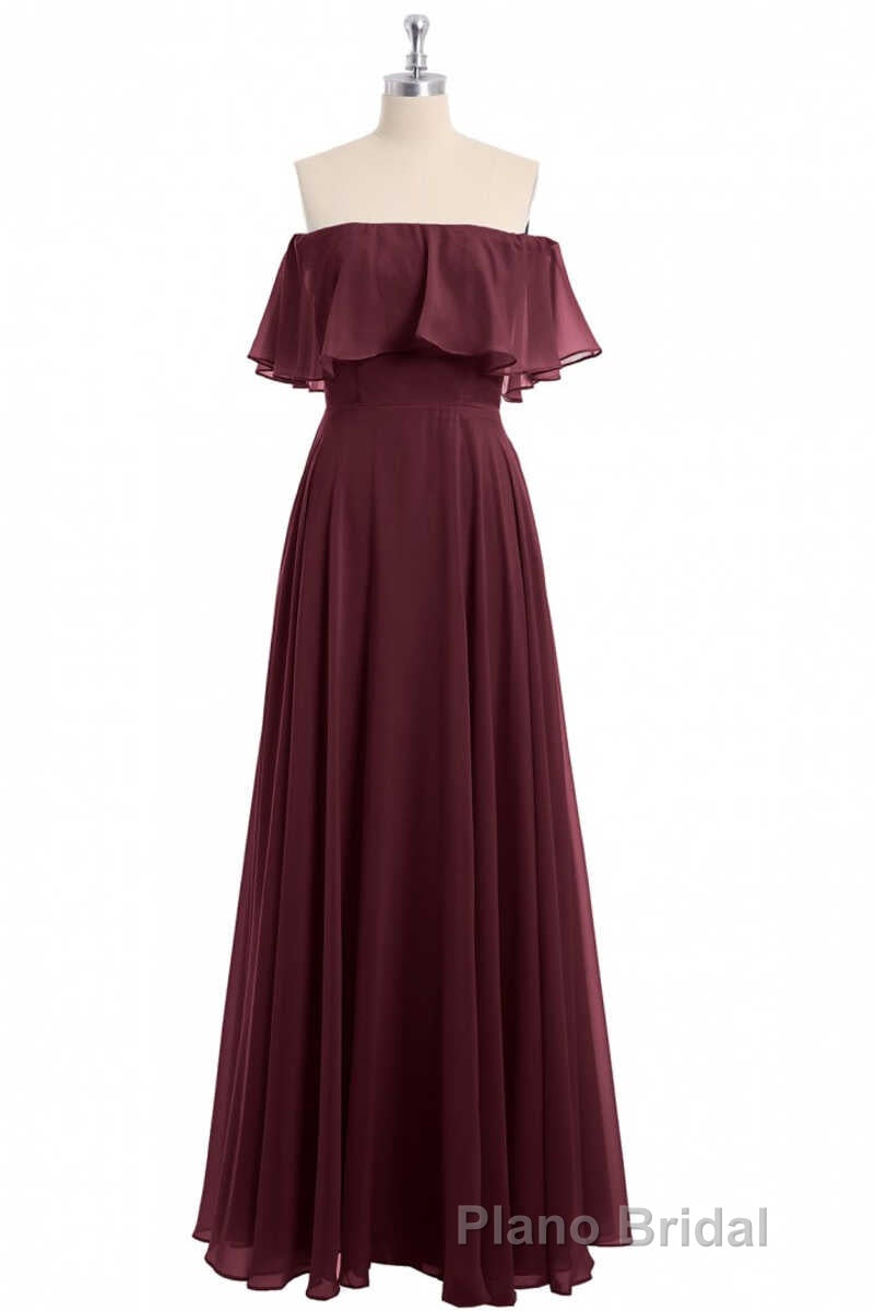 Burgundy Chiffon Strapless Ruffled A-Line Long Bridesmaid Dresses