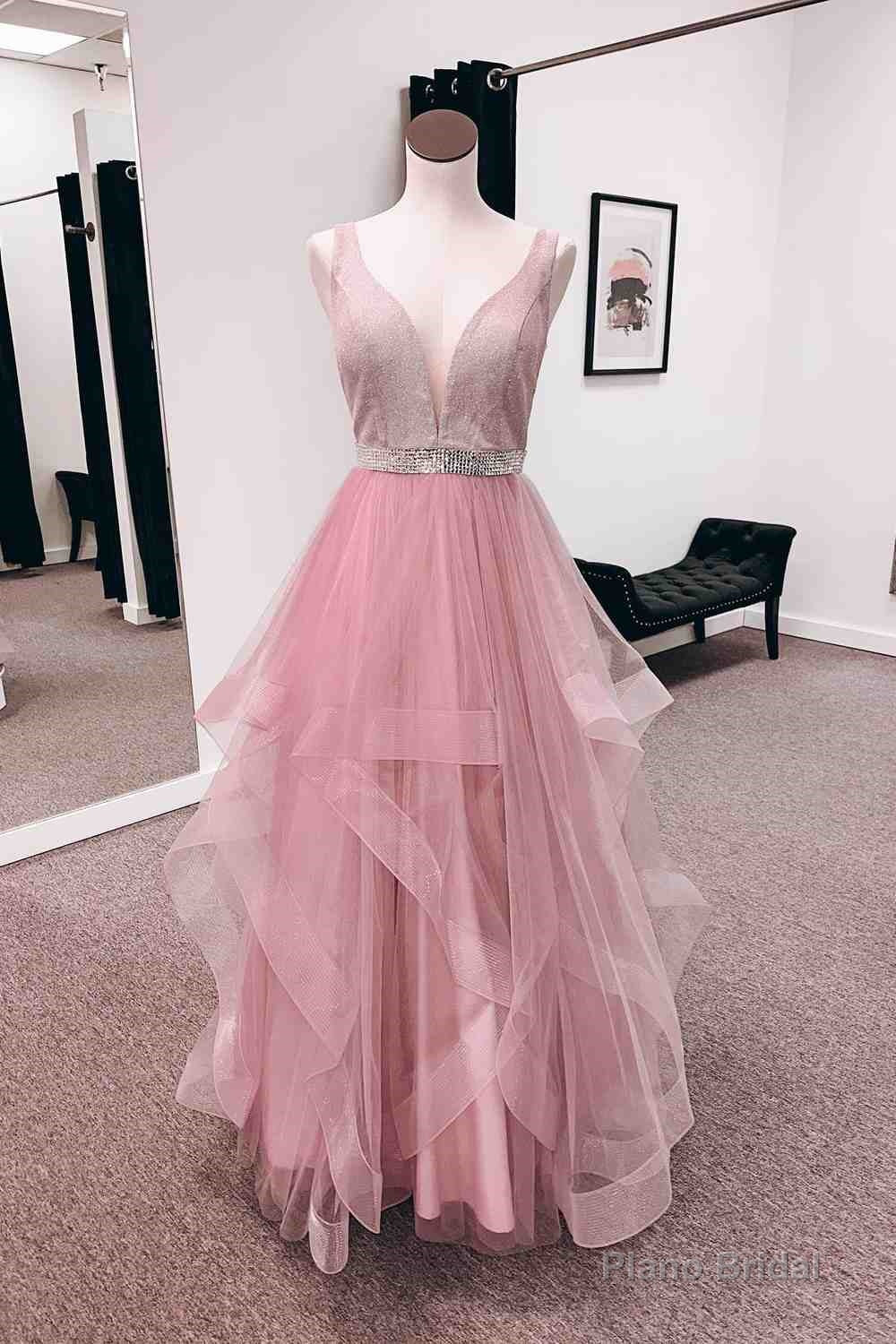 Pink A-line V Neck Tulle Layers Long Prom Dress with Bleaded Sash Main image