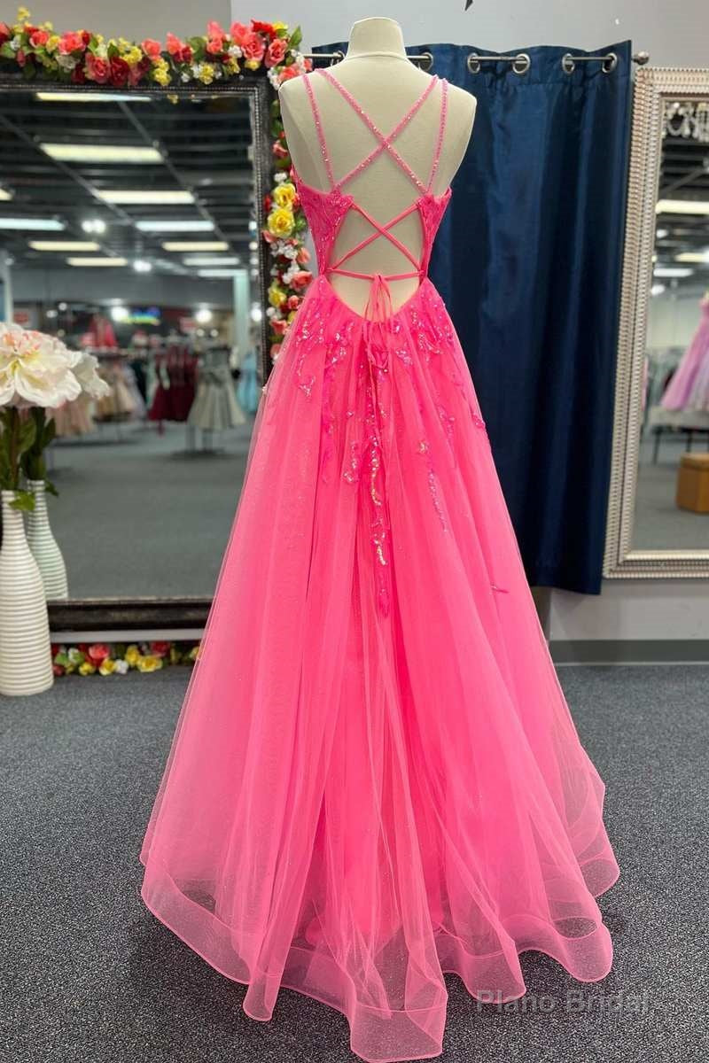 Hot Pink Tulle Appliques Lace-Up A-Line Long Prom Dress Secondary image