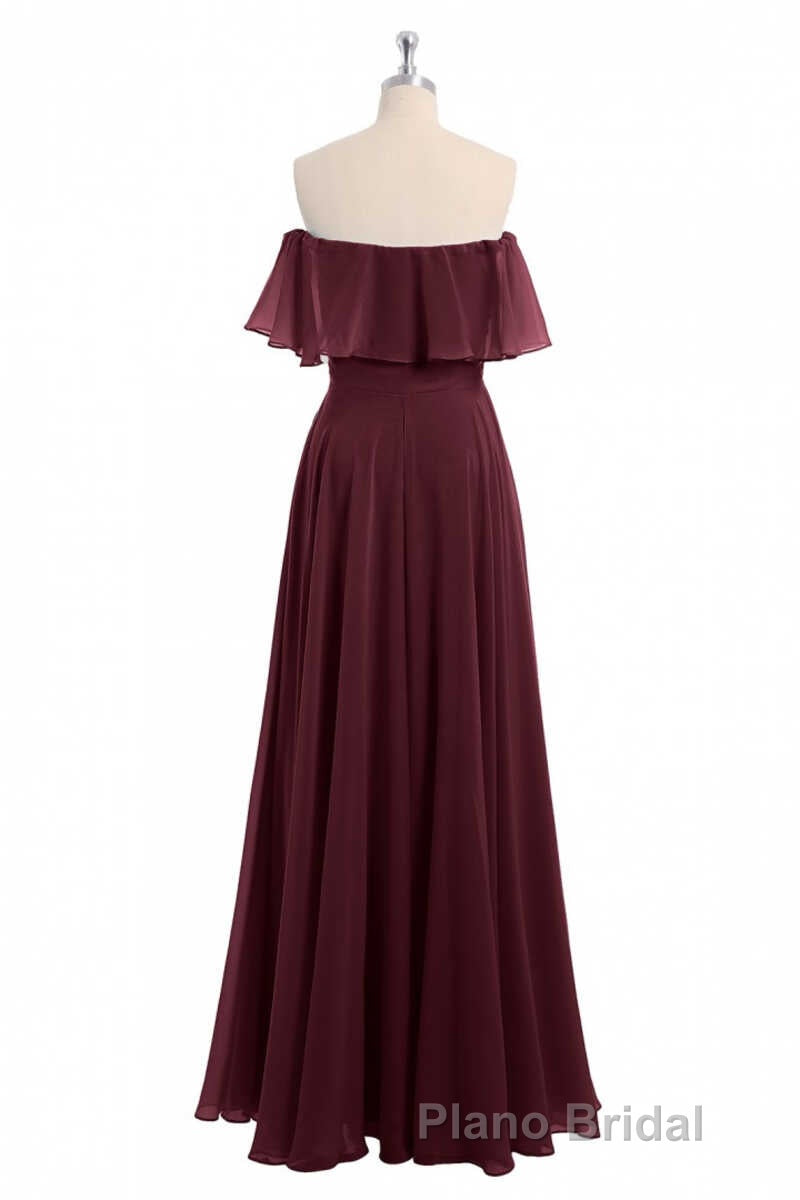 Burgundy Chiffon Strapless Ruffled A-Line Long Bridesmaid Dresses
