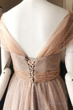 Blushing Pink A-line Illusion PortraitBeaded Appliques Lace-Up Long Prom Dress