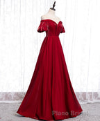 Simple Sweetheart Burgundy Satin Long Formal Prom Dresses, Burgundy Evening Dresses