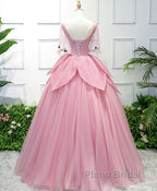 Pink V Neck Tulle Lace Applique Long Formal Prom Dress, Pink Evening Dress, 1