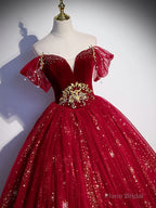 Burgundy Tulle Sequin Long Prom Dress, Burgundy Tulle Formal Dress