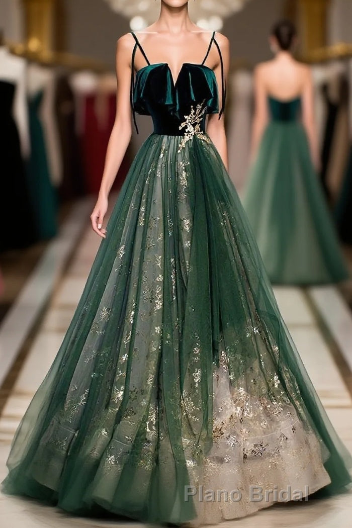 Green Tulle Lace Long Formal Prom Dresses, Green Tulle Lace Prom Dresses, 1 Main image