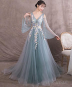 Green V Neck Tulle Lace Long Prom Dress Green Evening Dress
