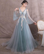 Green V Neck Tulle Lace Long Prom Dress Green Evening Dress