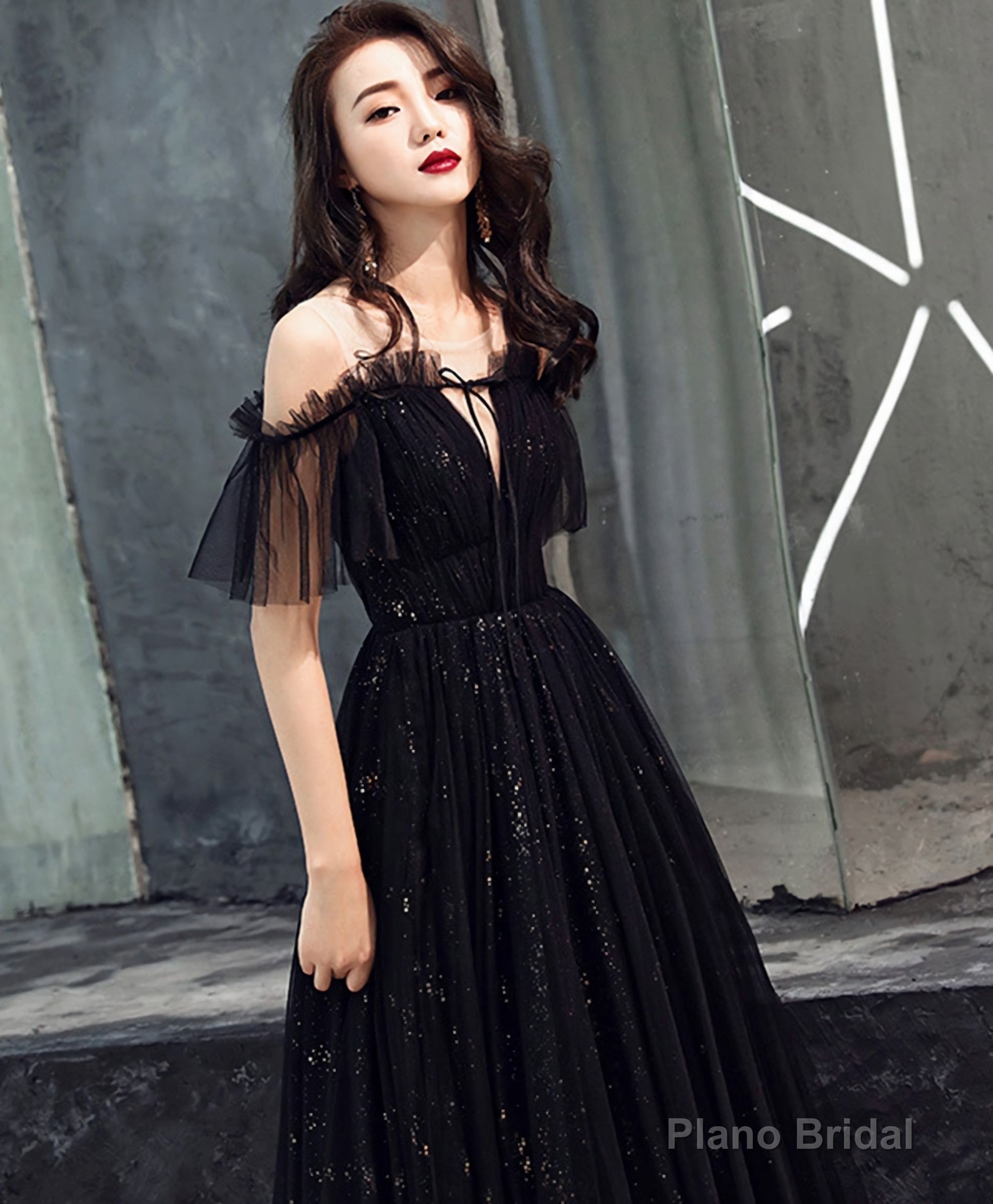 Black Tulle Off Shoulder Long Prom Dress, Black Formal Dress Main image