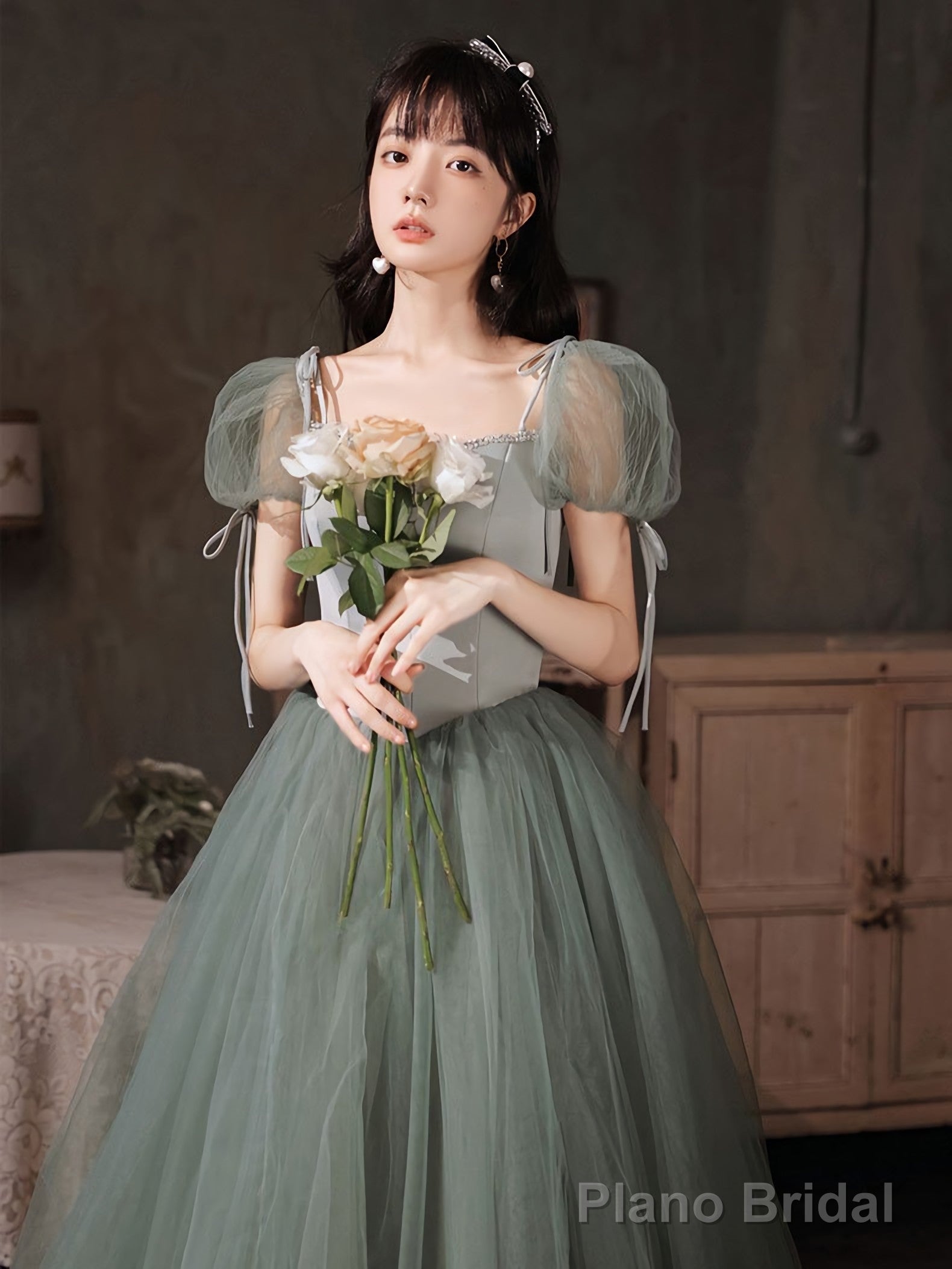 Gray Green Tulle Long Prom Dress Green Tulle Formal Dress
