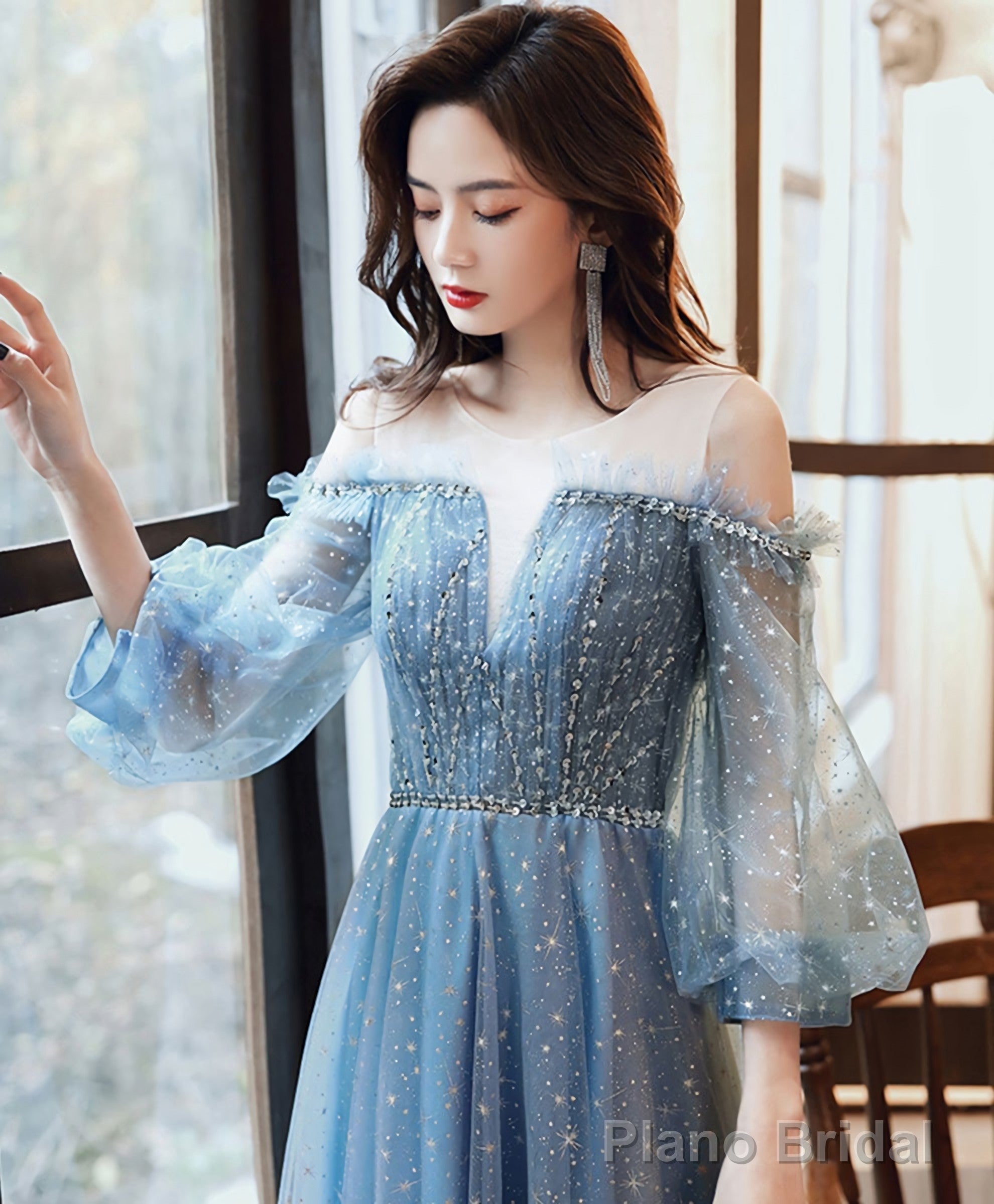 Blue Round Neck Tulle Sequin Long Prom Dress Tulle Evening Dress