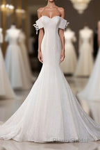 White Sequin Mermaid Long Formal Prom Dresses, White Wedding Dresses