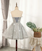 Gray Sweetheart Lace Tulle Short Formal Prom Dresses, Gray Cocktail Dresses