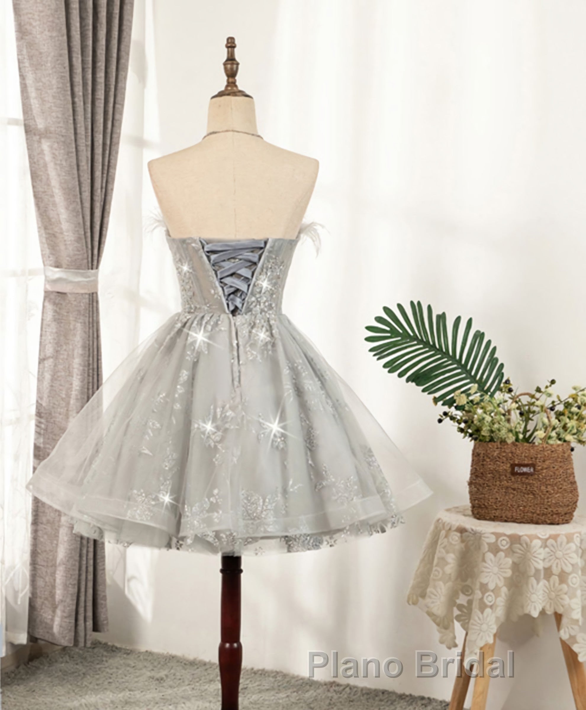Gray Sweetheart Lace Tulle Short Formal Prom Dresses, Gray Cocktail Dresses