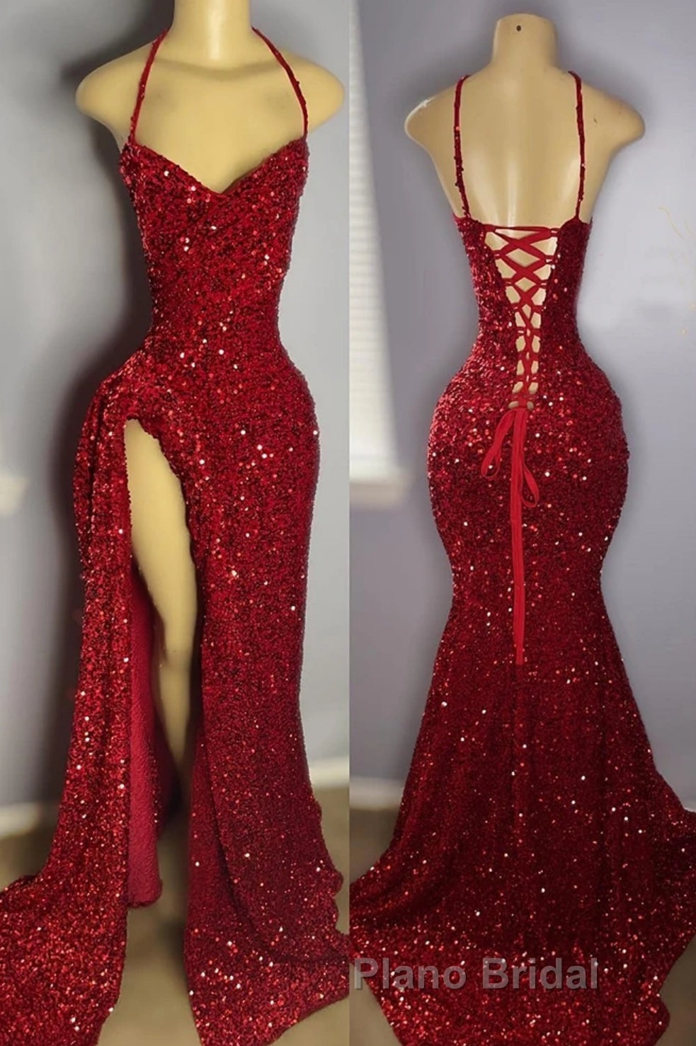 Halter Burgundy High Split Floor Length Formal Prom Dresses Secondary image