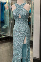 Fitted Criss Coss Neck Orange Formal Prom Dresses with Slit