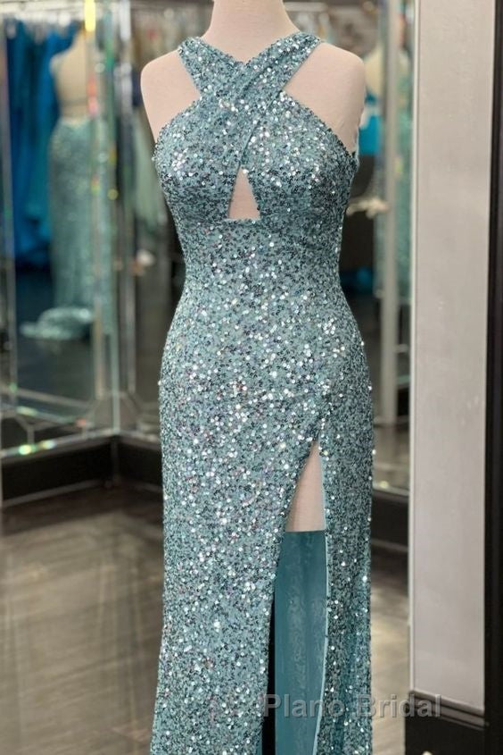 Fitted Criss Coss Neck Orange Formal Prom Dresses with Slit