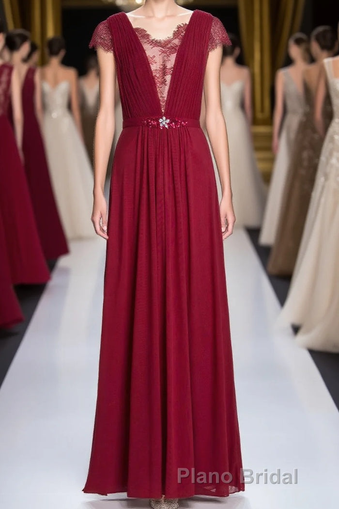 Wine Red A-line Chiffon Long Bridesmaid Dresses with Cap Sleeves Main image
