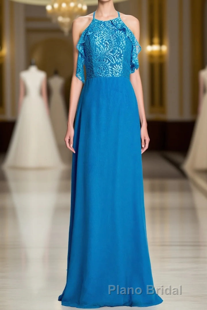 Blue A-line Lace and Chiffon Full Length Bridesmaid Dresses Main image