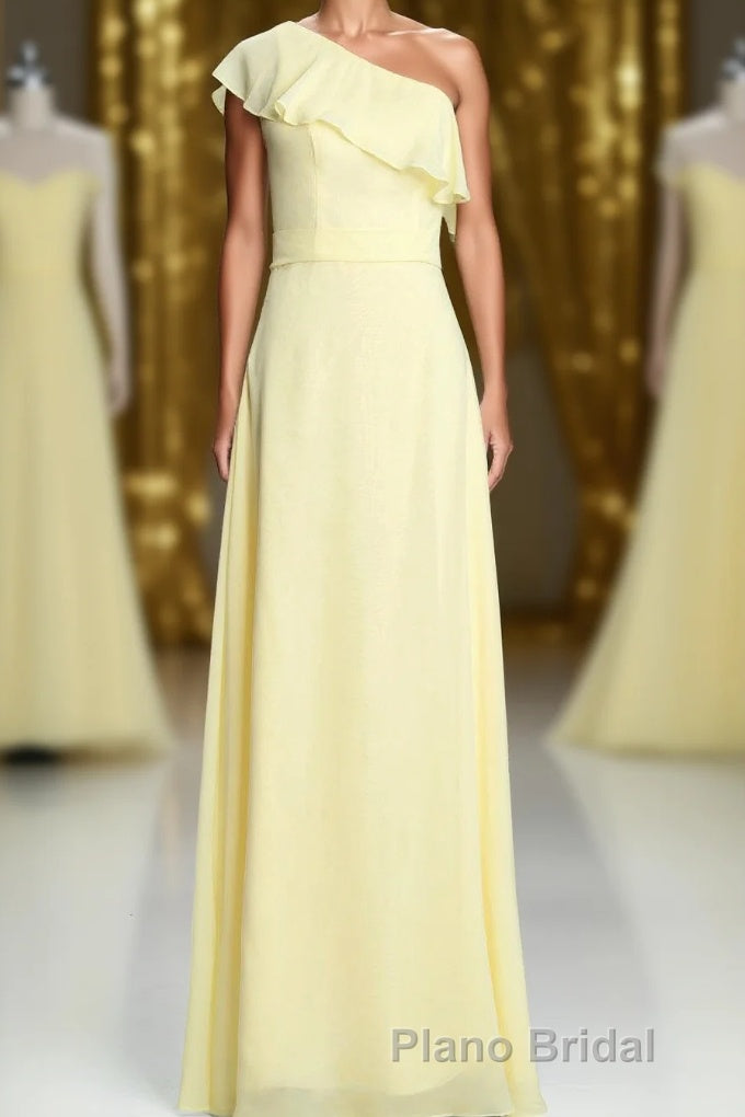 One Shoulder Yellow Ruffles A-line Long Bridesmaid Dresses