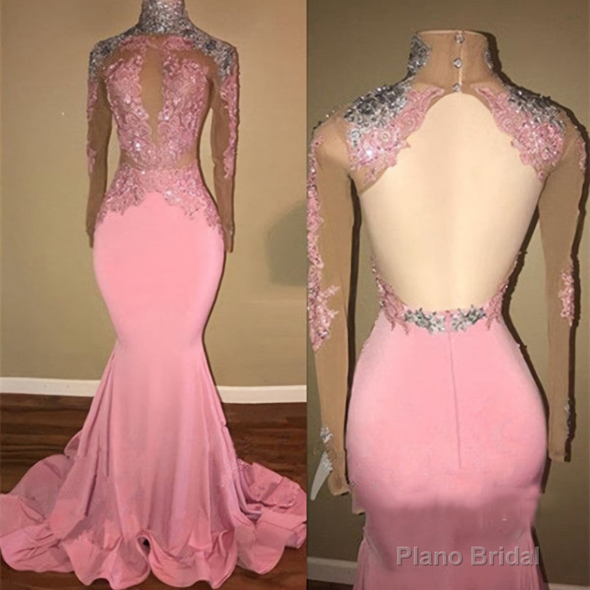 Mermaid Backless Long Sleeves Pink See Through African Long Prom Dresses Main image