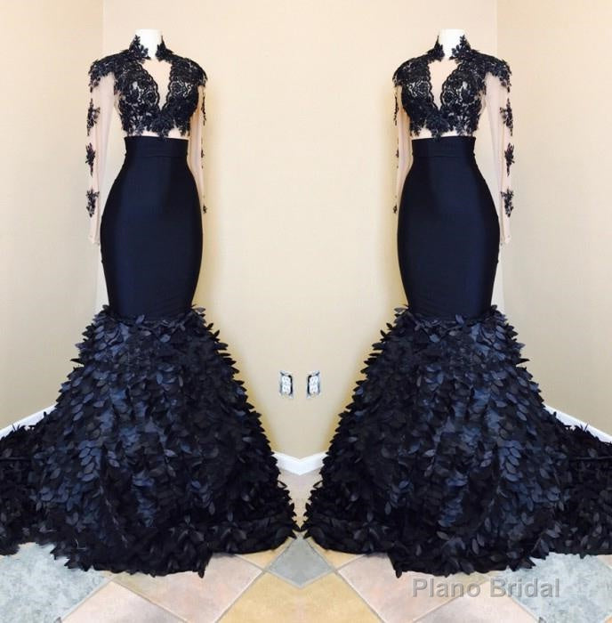Dark Navy Mermaid Long Sleeves See Through Leaves Pleated African Prom Dresses Main image