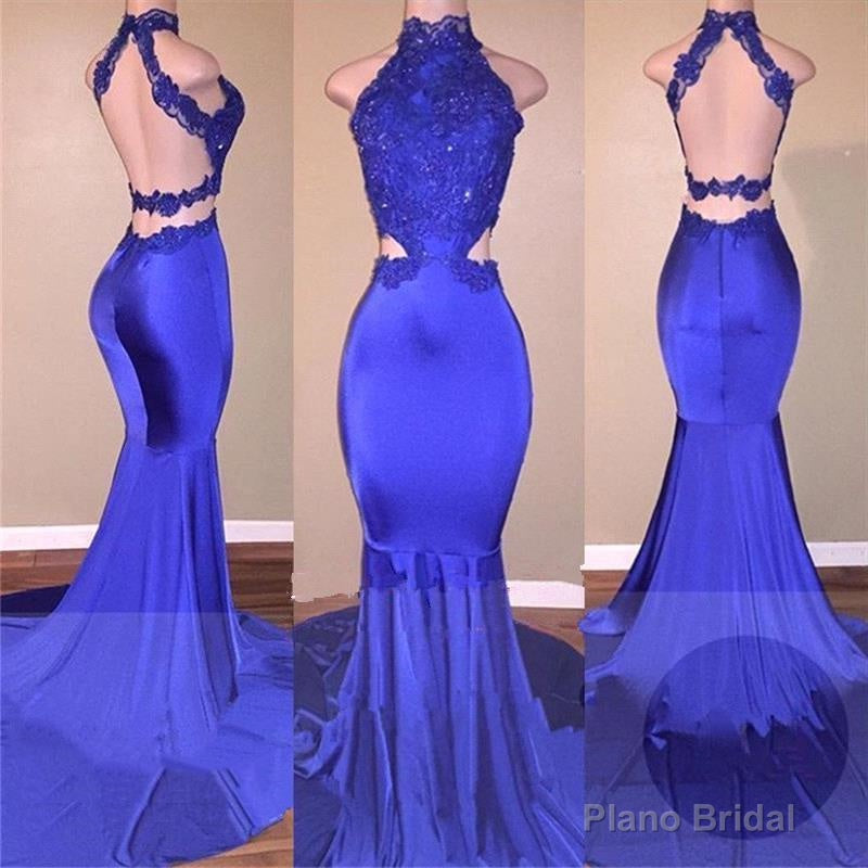 Sexy Mermaid Royal Blue Backless With Appliques High Neck Long Prom Dresses