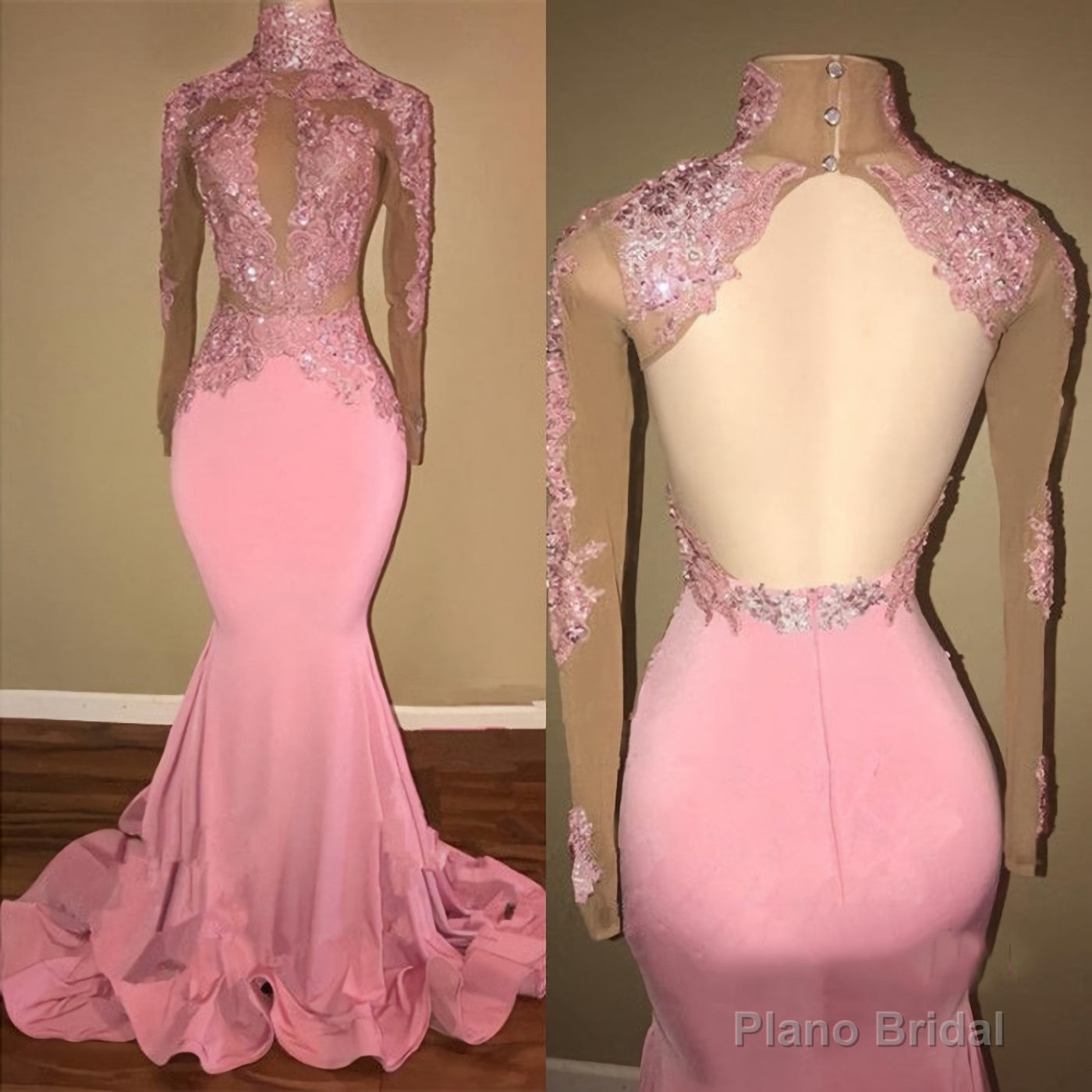 Alluring Pink Mermaid Long Sleeves Backless Elastic Satin Open Front High Neck 2025 Prom Dresses Main image