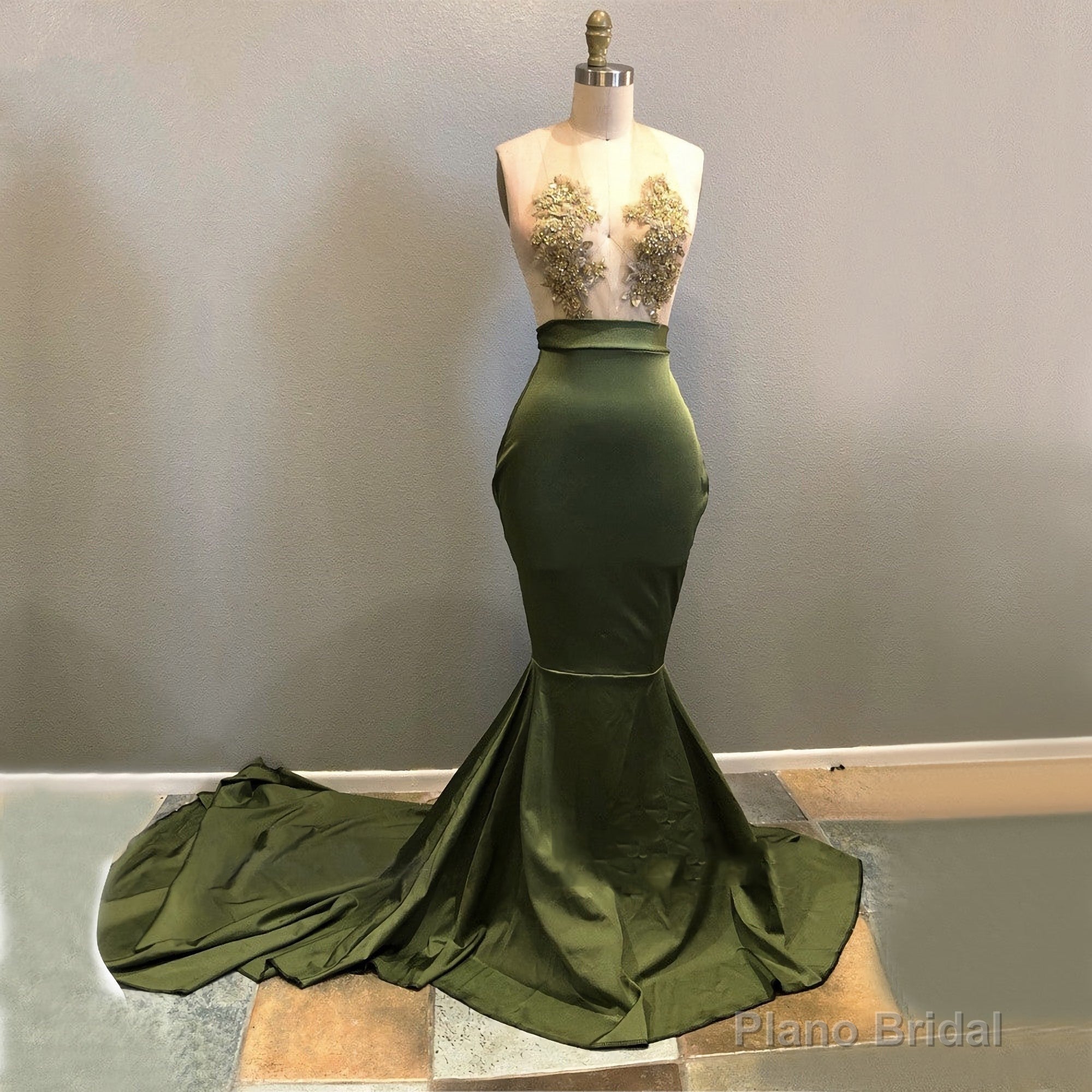 Long Green Halter Deep V Neck Elastic Satin With Appliques Backless Prom Dresses